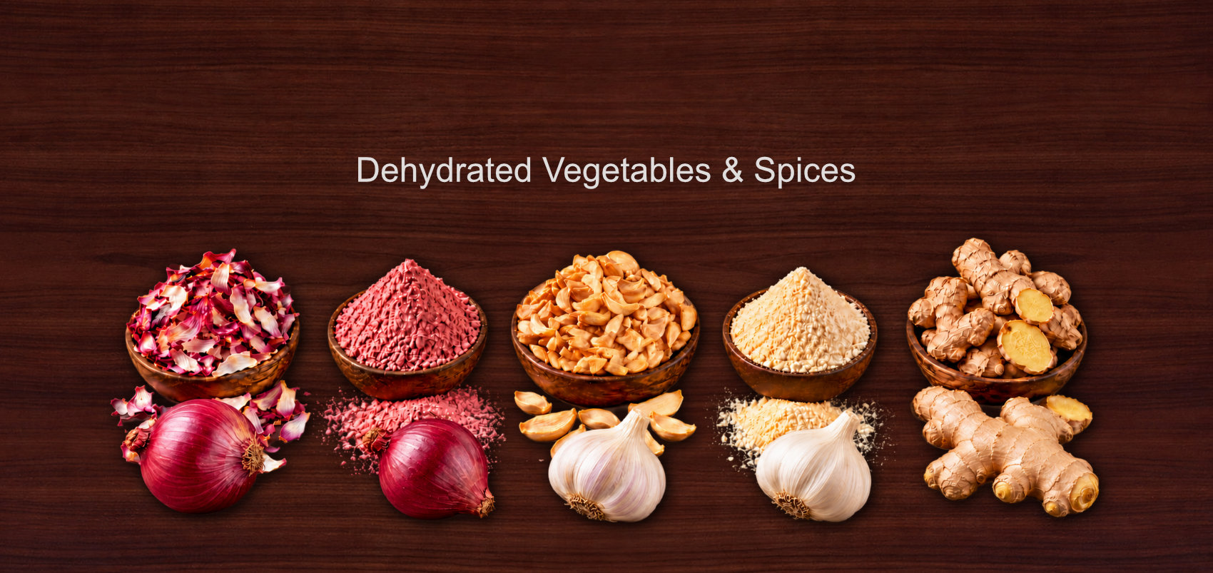 Dehydrated onion, garlic and ginger products